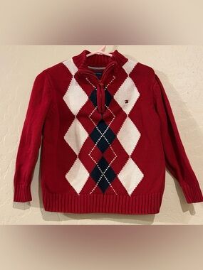 Tommy Hilfiger Toddler Argyle Sweater Red Quarter Zip Preppy Classic- Size 3T